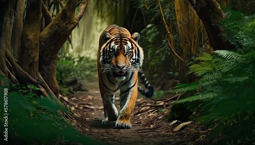 Bengal tiger in the jungle walking towards the camera. Generative AI