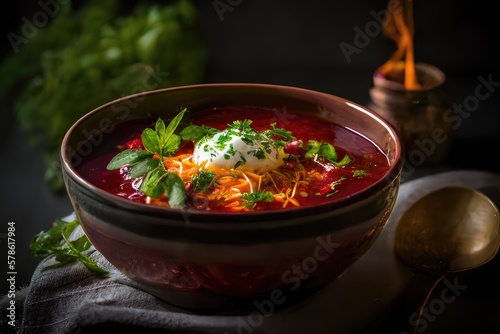 A bowl of borscht beetroot soup. Ukrainian cuisine. Closeup food photo. Generative AI