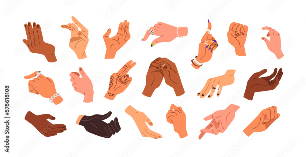 Hands grabbing, gripping, taking. Palms, finger pointing, leaning, grasping, clenching, holding set. Different arm actions, gestures collection. Flat vector illustrations isolated on white background