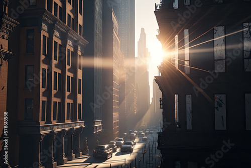 street scene with sunset created with Generative AI technology