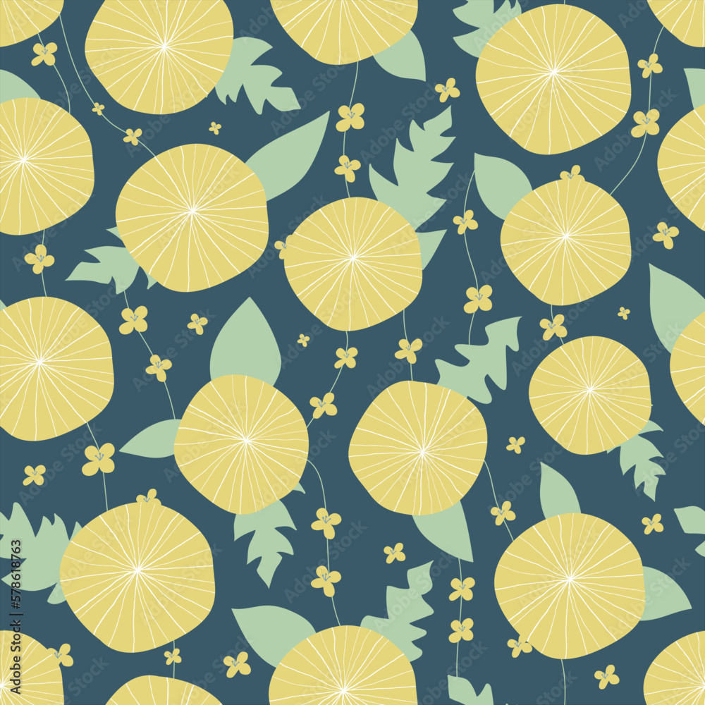 Floral seamless vector pattern with yellow flowers on a dark background. Spring pattern with flowers and leaves.