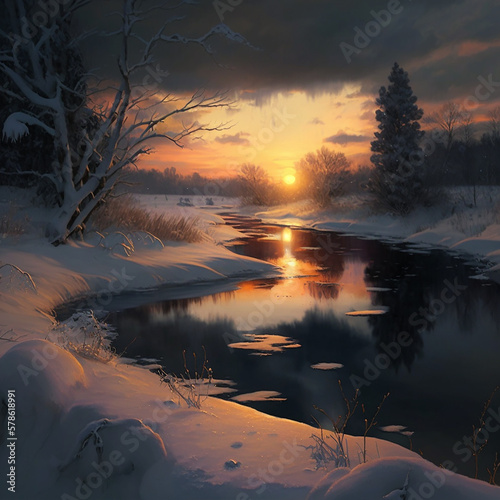 Illustration of winter landscape at sunset. Beautiful winter landscape concept. Generative AI.
