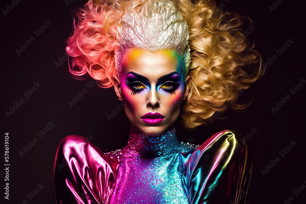 portrait of drag queen-style male transvestite with makeup in a woman's dress. Generative AI portrait of drag queen-style male transvestite with makeup in a woman's dress. Generative AI