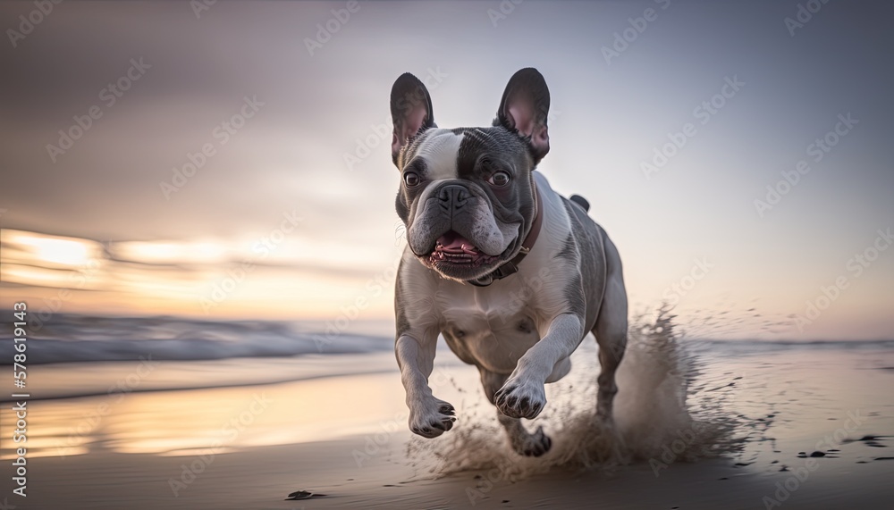 Happy french bulldog running on a sunny beach near the ocean. Generative AI