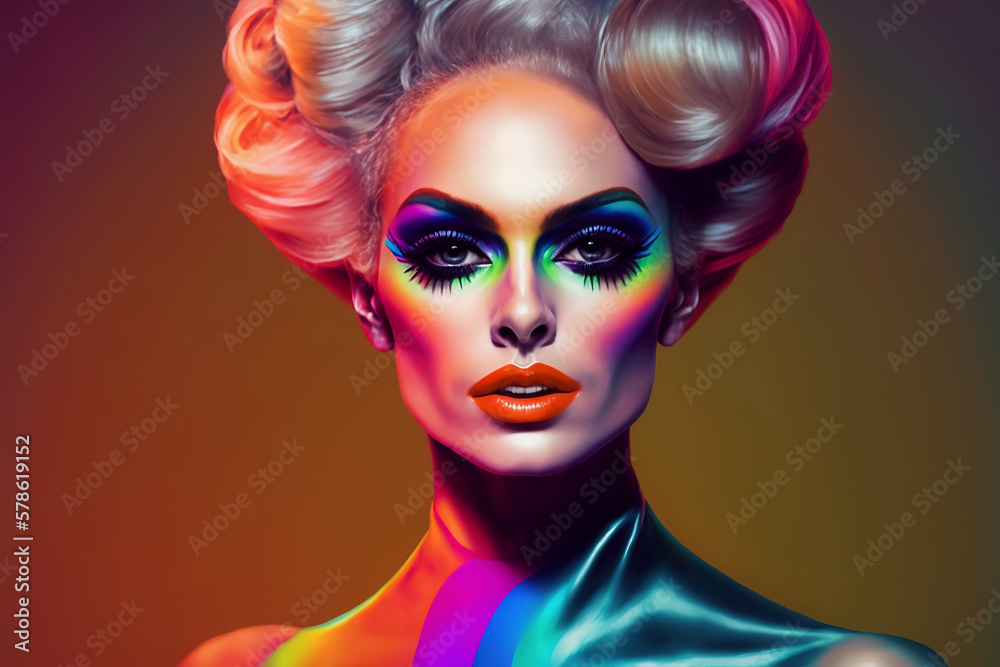 Fototapeta premium portrait of drag queen-style male transvestite with makeup in a woman's dress. Generative AI