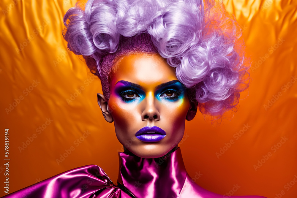 Fototapeta premium portrait of gay transvestite man in drag queen style with makeup in woman dress. Generative AI