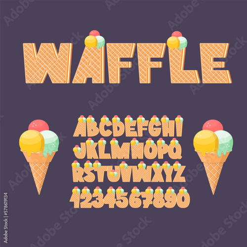 Waffle with Ice Cream Alphabet. Sweet Yummy letters and numbers. Cute dessert font.