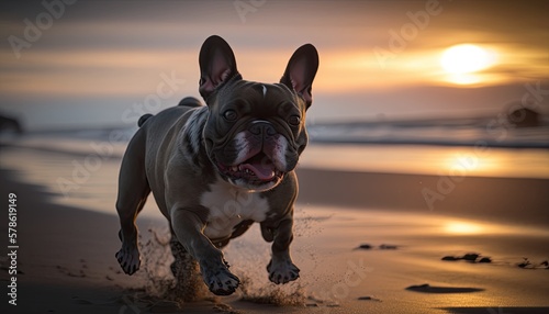 Happy french bulldog running on a sunny beach near the ocean. Generative AI © Generative Professor