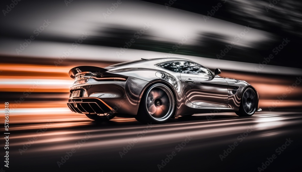 Fast moving super sports car on the road with motion blur. Generative AI