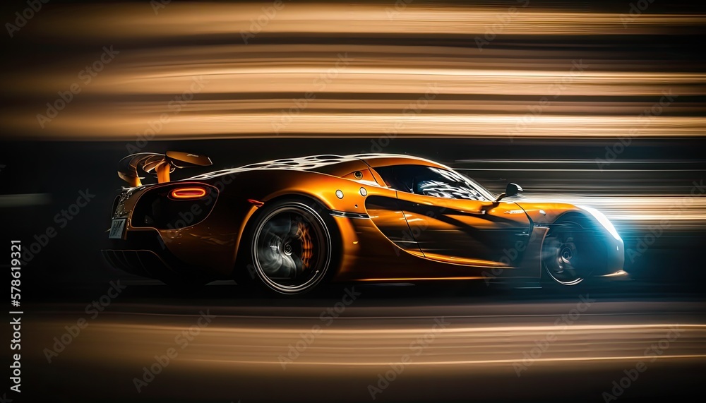 Fast moving super sports car on the road with motion blur. Generative AI