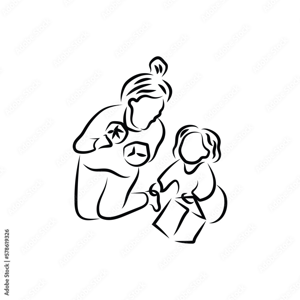 Mom and daughter play together illustration line art