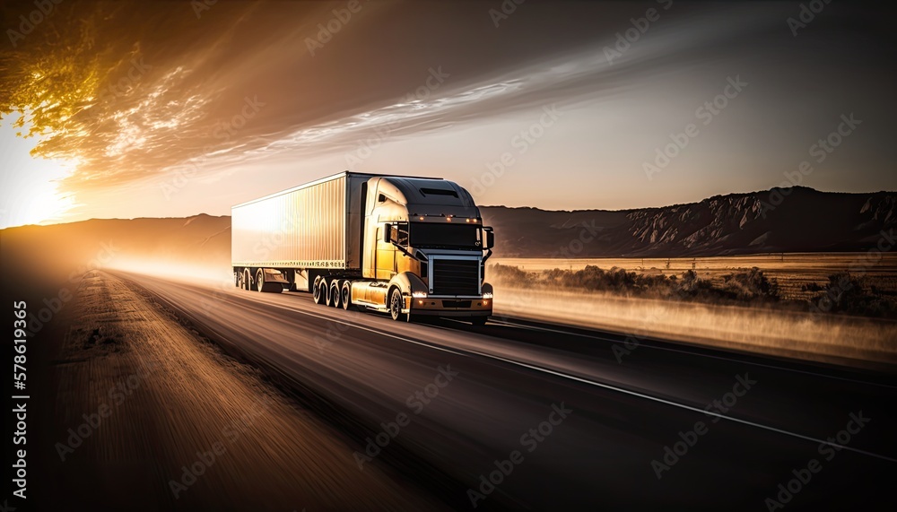 A huge loaded truck moving fast on a highway in the middle of a desert during sunset. Generative AI