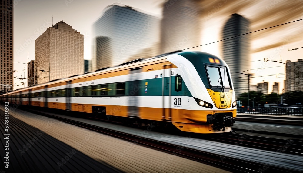 Fototapeta premium Fast moving subway metro train outside in a big city with skyscrapers. Motion blur. Generative AI