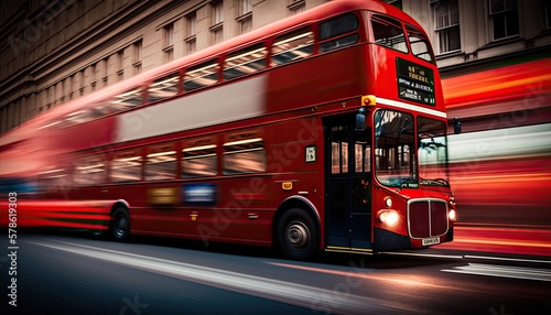Fotografia, Obraz Fast moving london red bus driving through the city with motion blur