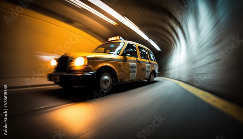 New york taxi cab driving fast through the tunnel. Generative AI