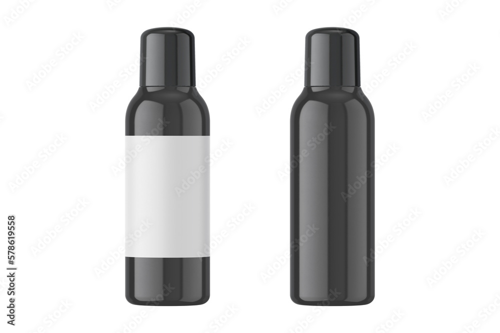 Deodorant spray black can with empty label, isolated on white background.3d rendering.