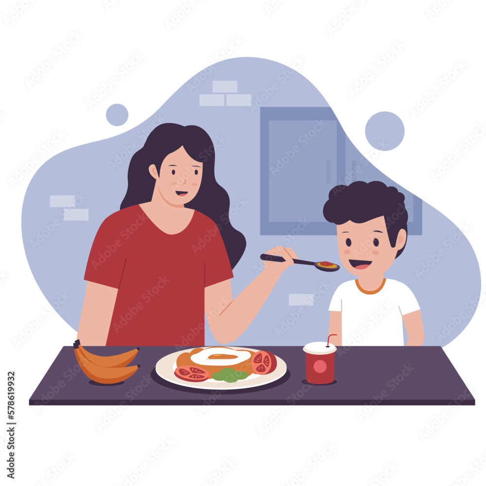 Vector illustration of mother feeds her child. Illustration for websites, landing pages, mobile apps, posters and banners. Trendy flat vector illustration Vector illustration of mother feeds her child. Illustration for websites, landing pages, mobile apps, posters and banners. Trendy flat vector illustration