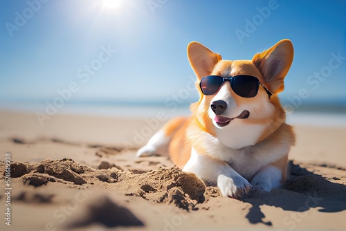 Cute Corgi dog in glasses on a beach. Sunny summer weather. Generative AI © Generative Professor