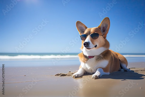 Cute Corgi dog in glasses on a beach. Sunny summer weather. Generative AI © Generative Professor