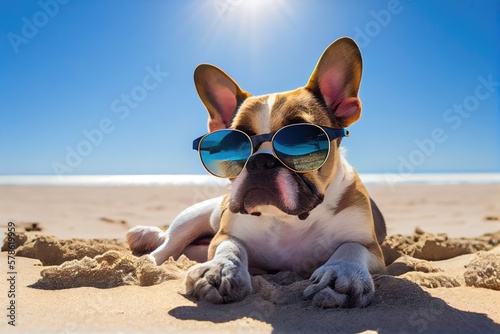 Cute French Bulldog dog in glasses on a beach. Sunny summer weather. Generative AI © Generative Professor