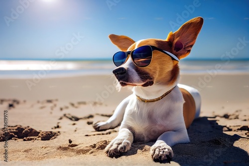 Cute dog in glasses on a beach. Sunny summer weather. Generative AI © Generative Professor