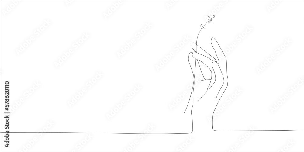 Sprig with hand modern single line art, aesthetic outline. Hand line art drawing on white background. Sprig with hand modern single line art, aesthetic outline. Hand line art drawing on white background.