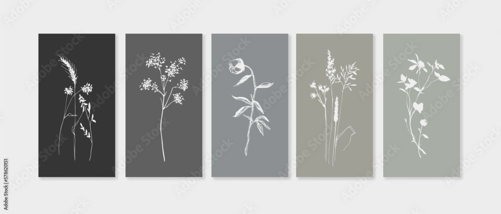 Wildflowers twigs set on monochrome background in line art style. Greenery vector illustration in minimalist style for invitation. Modern single line art, aesthetic outline.
