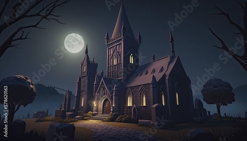 Mysterious castle with ghosts and bats. Full moon. Halloween illustration. Generative AI