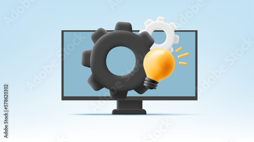 3d monitor, gears and light bulb. The concept of solving a software problem using programming. The idea of a new technical solution.