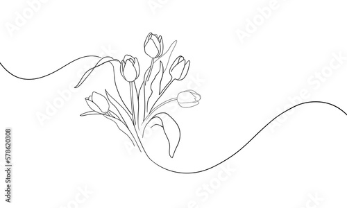 Tulips line art drawing on white background. Spring flowers bouquet. Outline vector illustration. 