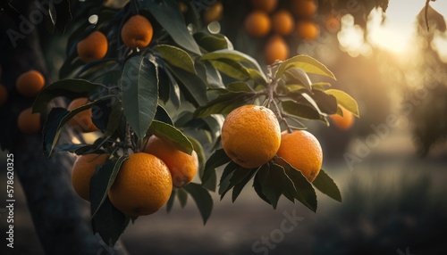 Orange on a branch in a garden on a sunny day. Generative AI 