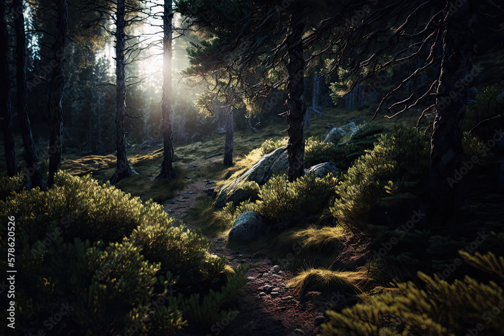 morning in the woods created with Generative AI technology
