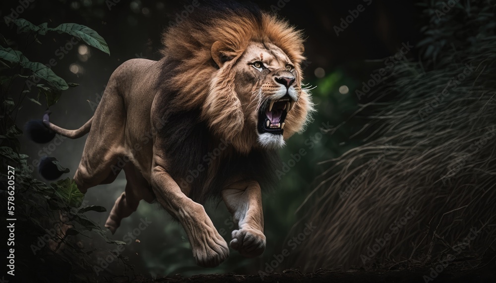Premium AI Image  A lion roars with his mouth open.