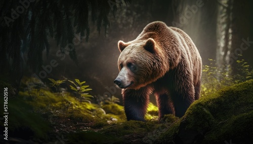 Grizzly brown bear walking free in a wild forest. Generative AI © Generative Professor