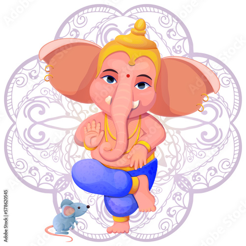 Little cute Ganesh, religious traditional god elephant in cartoon character isolated on white background.