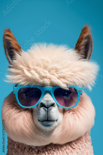 Funny pink alpaca in sunglasses on blue background © Daria