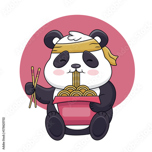 Funny panda eats noodles, ramen,udon. Cartoon Vector Icon Illustration. Flat Cartoon Style Suitable for Web Landing Page, Banner, Flyer, Sticker, Card.