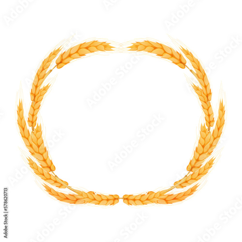 Wreath from spikelet, golden color wheat round frame in cartoon style isolated on white background. For bakery, tags or labels
