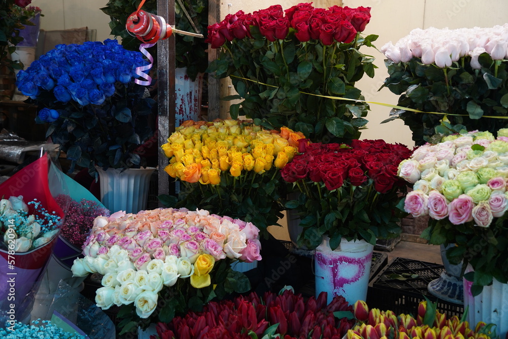 Almaty, Kazakhstan - 06.03.2023 : Different bouquets of flowers on sale before the holidays.