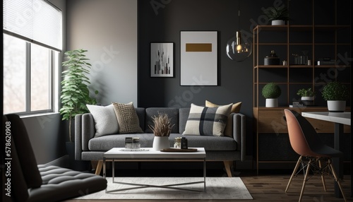 Modern living room with sofa. Empty wall. Interior design. Generative AI