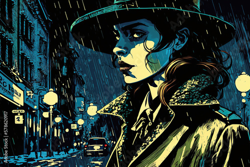 detective girl in a hat and raincoat on street at night in style of comic noir. Generative AI