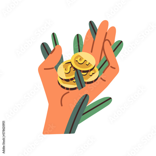 Finance growth concept. Rich wealthy hand with growing money, wealth. Increasing income, financial success, gaining capital, getting profit. Flat vector illustration isolated on white background