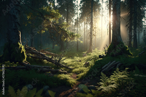 morning in the woods created with Generative AI technology