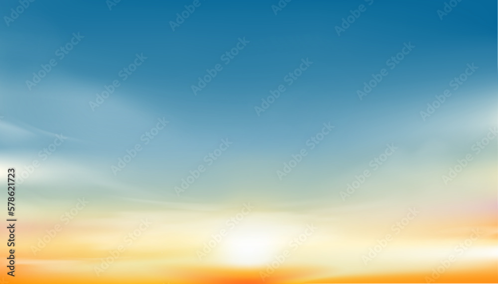 Sunset Sky Background,Sunrise with Yellow and Blue Sky,Nature Landscape Romantic Golden Hour with twilight Sky in Evening after Sun Dawn,Vector Horizon Banner Sunlight for Four Seasons concept