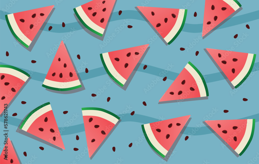Seamless watermelon pattern on blue wavy background. Vector perfect for a summer background with scattered watermelon slices.