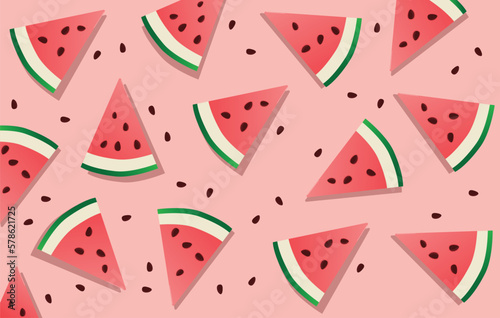 Seamless watermelon pattern on pink background. Vector perfect for a summer background with scattered watermelon slices.