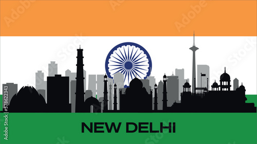 Vector silhouette of important buildings of the city on the Indian flag. The silhouette of New Delhi's famous buildings.