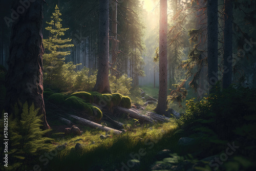morning in the woods created with Generative AI technology