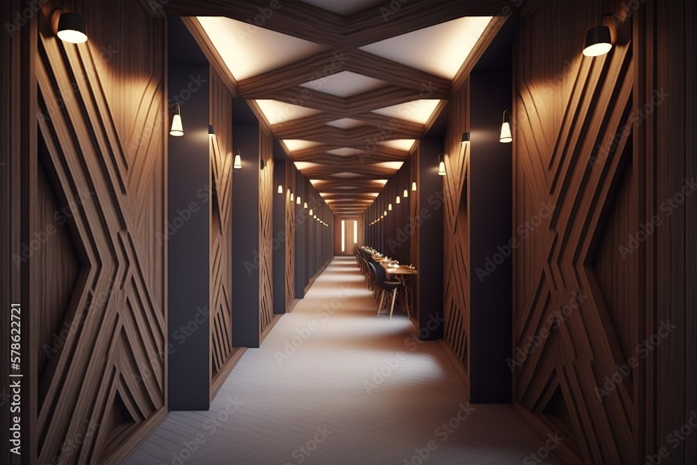 Fototapeta premium Beautiful design of a restaurant hallway with wooden material, AI generated