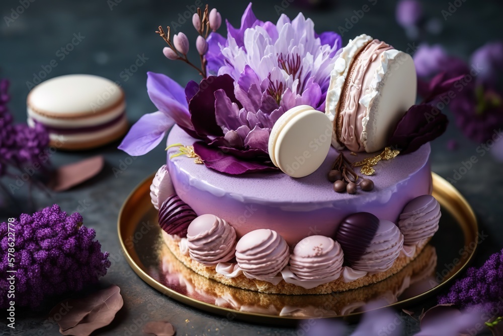 Fototapeta premium Beautiful purple cake decoraited of fresh flowers, macaroons and meringue. Love concept, Wedding cake, birthday cake, background, AI generated